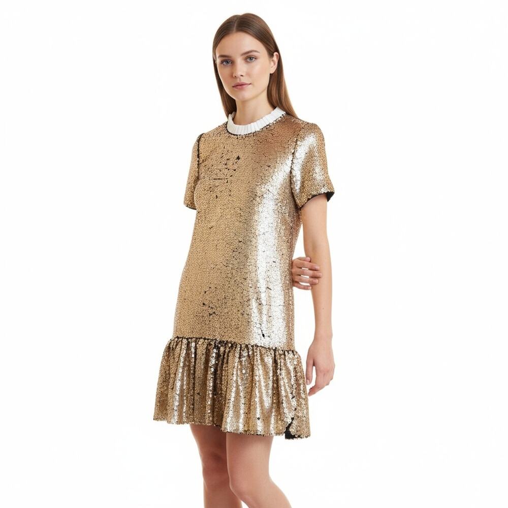 Melloday Gold Sequin Ruffled Collar Short Sleeve Mini Dress Size Small